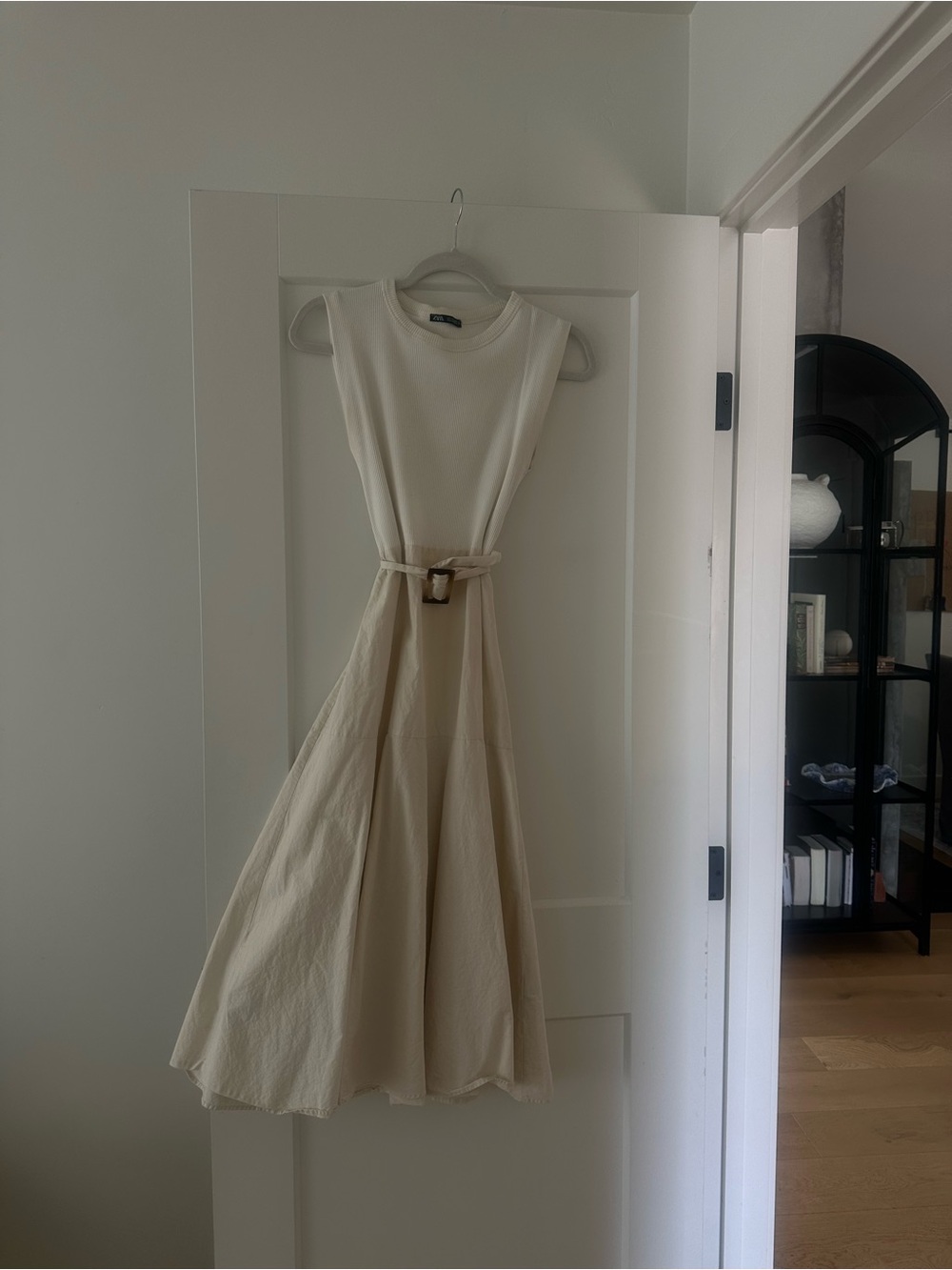 Zara Cream Sleeveless Midi Dress with Belt